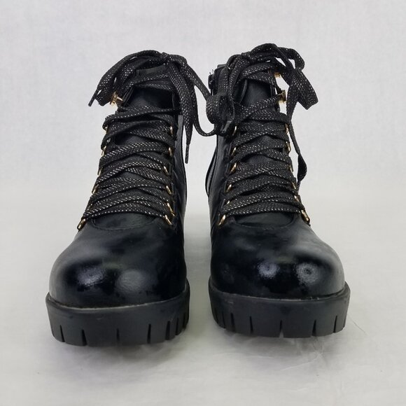 Chase + Chloe Storm Combat Boots Women 9 Black Block Heel Lug Sole Glitter Laces - Picture 2 of 15